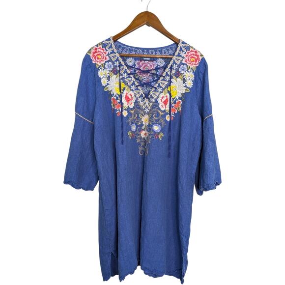 Johnny Was Kitti Dress XL 100% Linen Chambray Floral Embroidered Lace Up Bell Sl - Picture 1 of 11